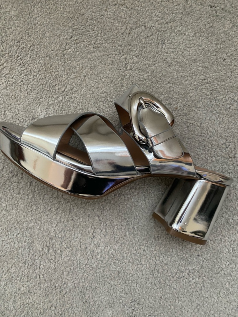 AEROSOLES Silver Metallic Buckle Block Heel Mules
